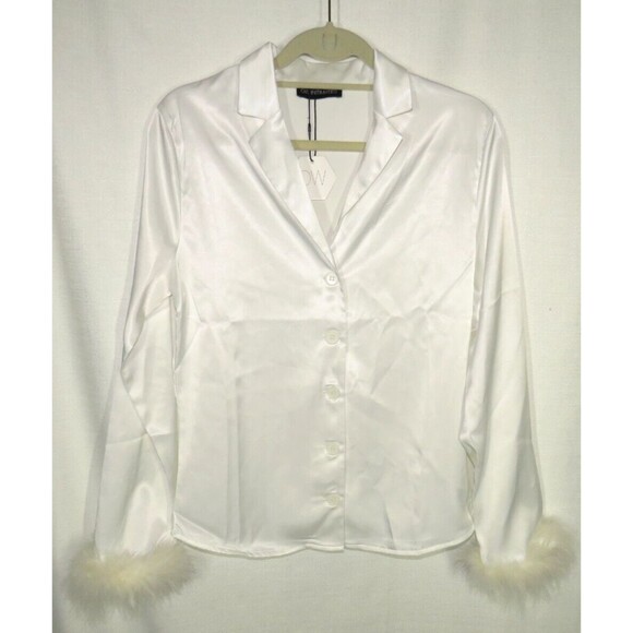 OW Intimates Revolve White Satin Ostrich Feather Trimmed Pajama Top Size 4-XS - Picture 5 of 14